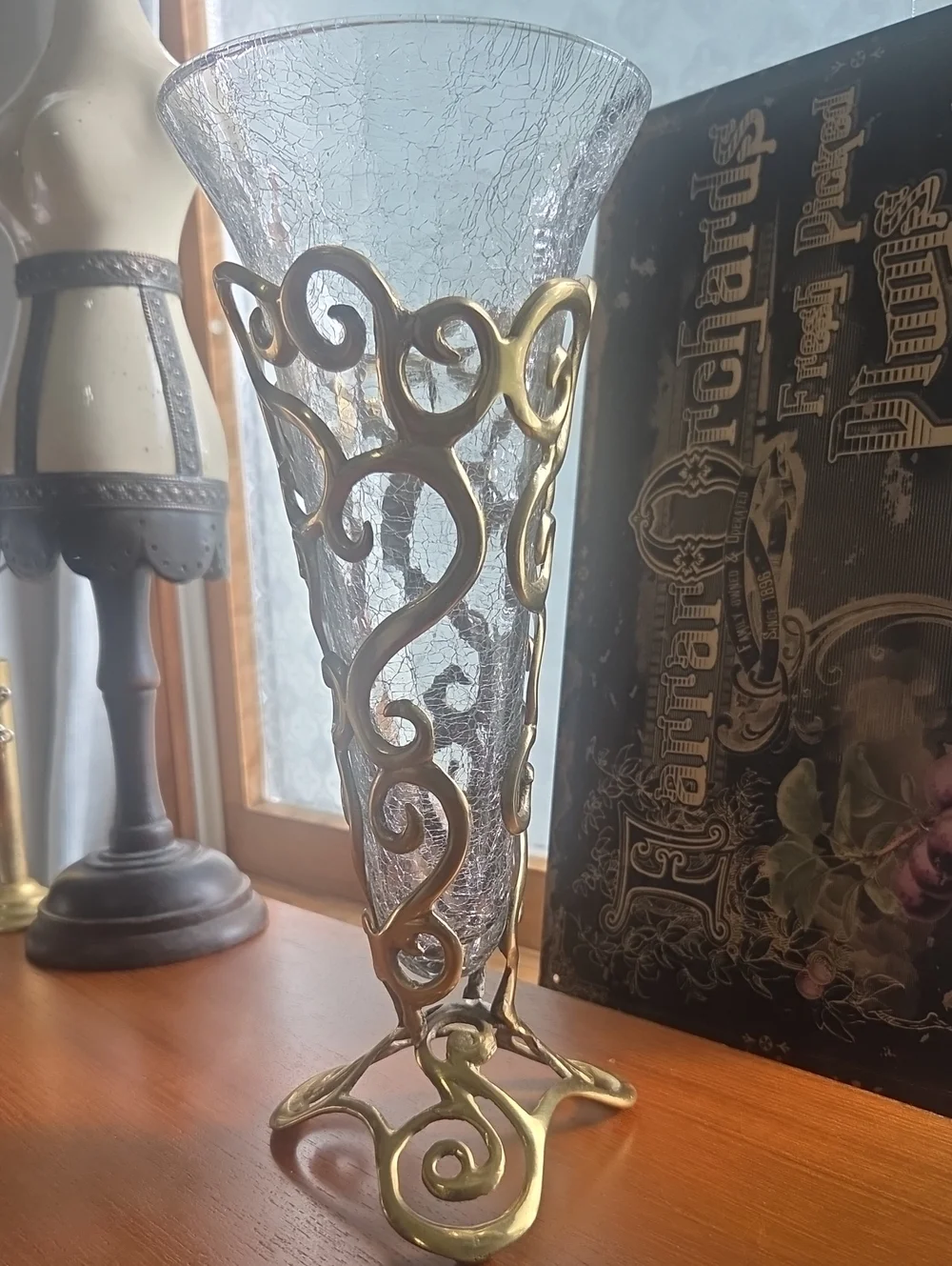 Vintsged 80s ,90s Decorative Crackle Glass Vase with Gold Metal Filigree